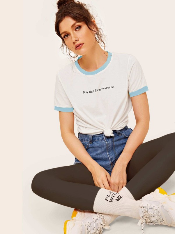 Slogan Print Ringer Tee