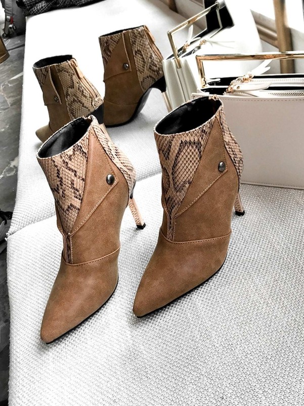 Snakeskin Patch Stiletto Heeled Boots