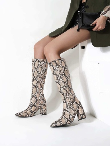 Snakeskin Print Side Zip Chunky Boots