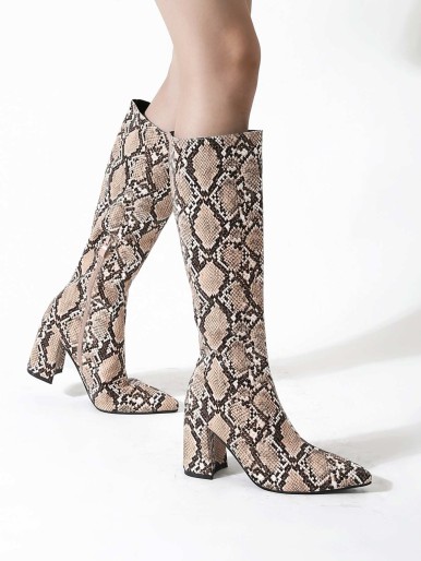 Snakeskin Print Side Zip Chunky Boots