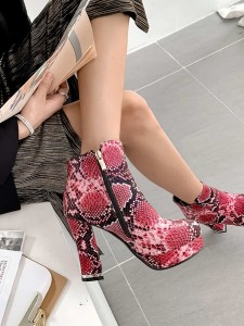 Snakeskin Print Side Zip Chunky Heeled Boots