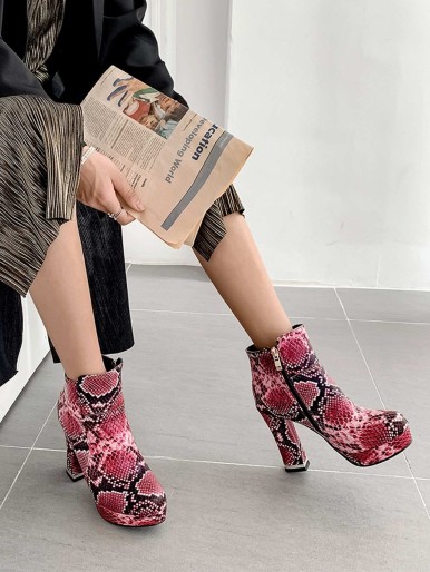 Snakeskin Print Side Zip Chunky Heeled Boots