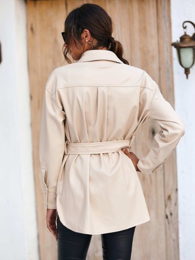 Snap Button Double Pocket Belted PU Coat