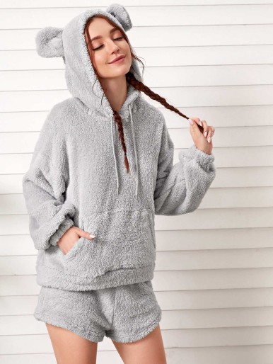 Solid 3D Ears Design Drawstring Hooded PJ Set