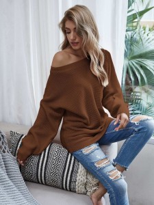 Solid Batwing Sleeve Boat Neck Sweater