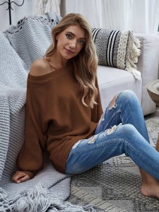 Solid Batwing Sleeve Boat Neck Sweater