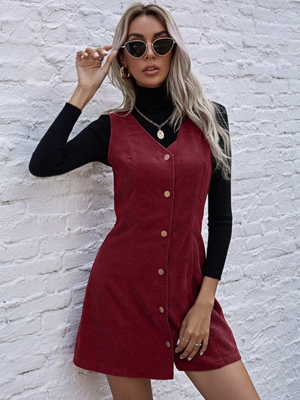 Burgundy corduroy overall outlet dress