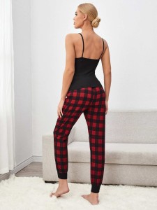 Solid Cami Top With Gingham Pants Pajama Set