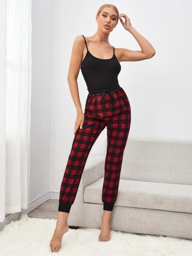 Solid Cami Top With Gingham Pants Pajama Set