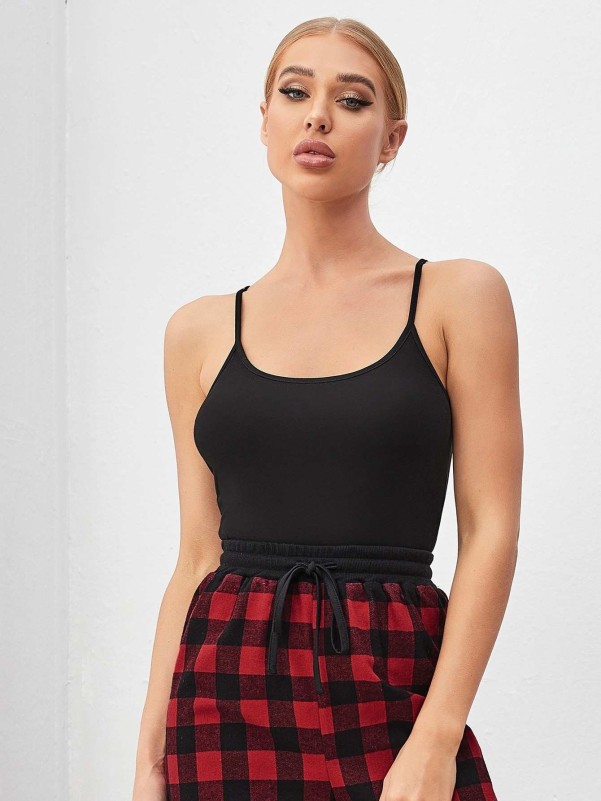 Solid Cami Top With Gingham Pants Pajama Set