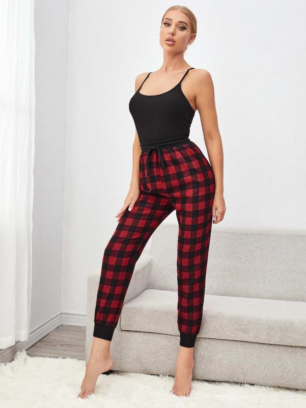 Solid Cami Top With Gingham Pants Pajama Set