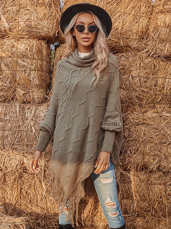 Women's Solid Cowl Neck Fringe Sweater