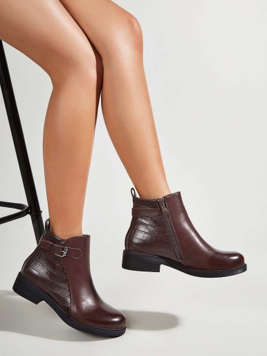 Side Zip Buckle Decor Ankle Boots