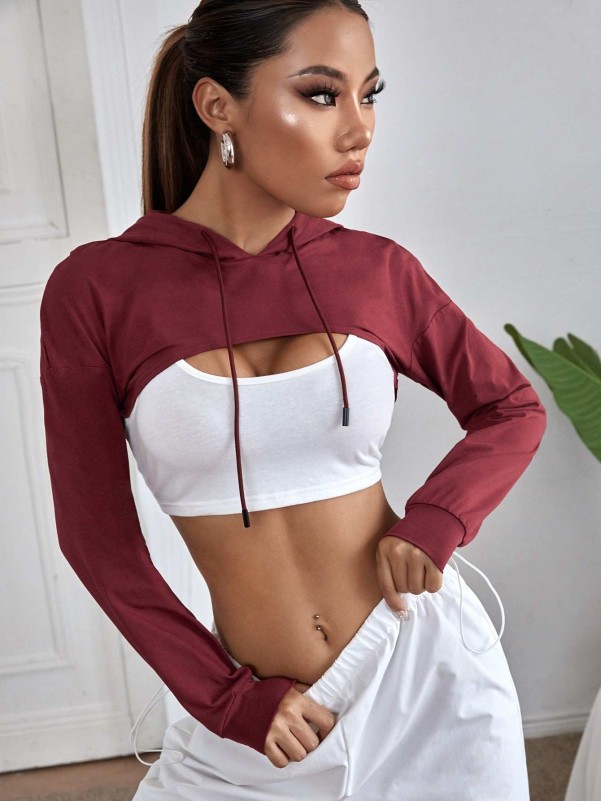 Drop Shoulder Drawstring Super Crop Hoodie & Top