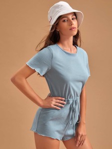 Solid Drawstring Waist Lounge Romper