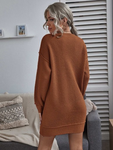 Solid Drop Shoulder V-neck Sweater Dress