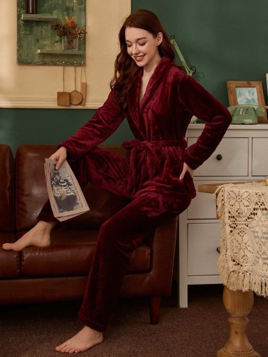 Solid Flannel Belted PJ Set