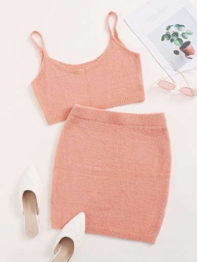 Solid Fuzzy Knit Top & Skirt Set