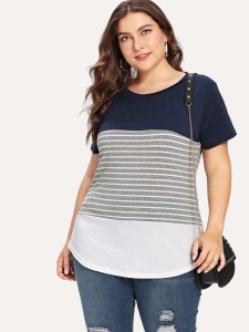 Plus Color Block Stripe Contrast Tee