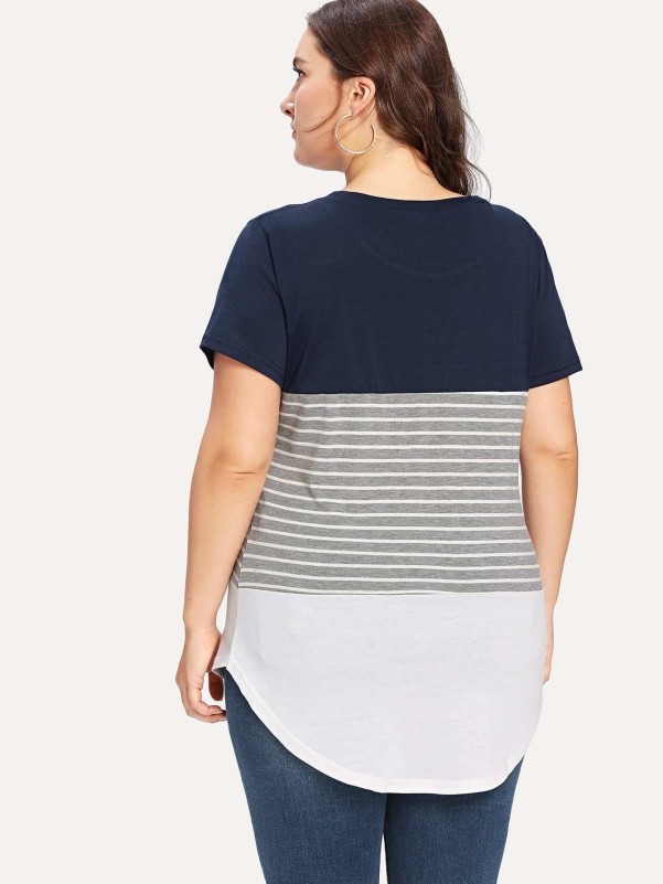 Plus Color Block Stripe Contrast Tee