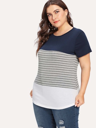 Plus Color Block Stripe Contrast Tee