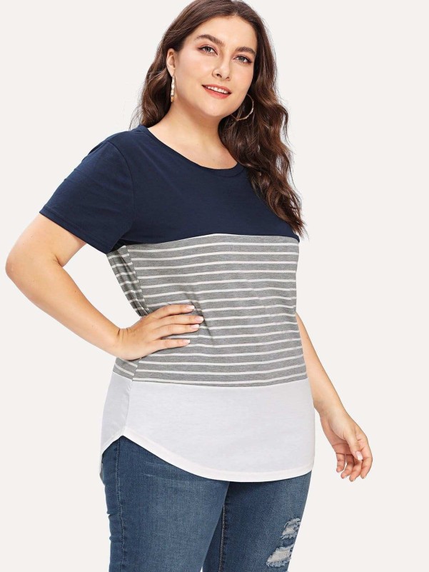 Plus Color Block Stripe Contrast Tee