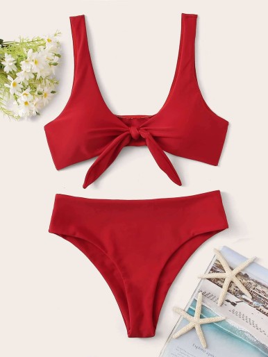 Solid Knot Front Bikini Swimsuit