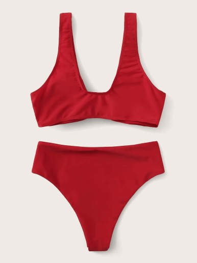 Solid Knot Front Bikini Swimsuit