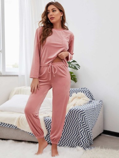 Solid Knot Front Pajama Set