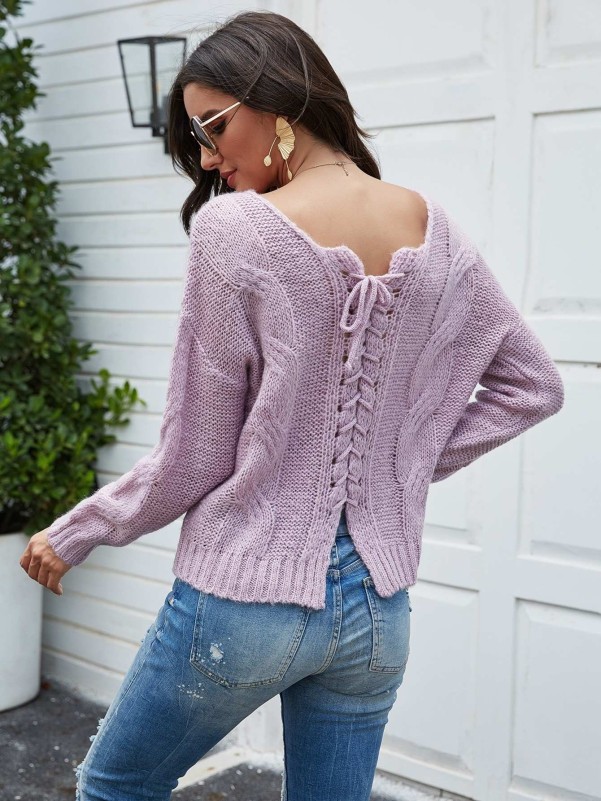 Solid Lace Up Back Sweater