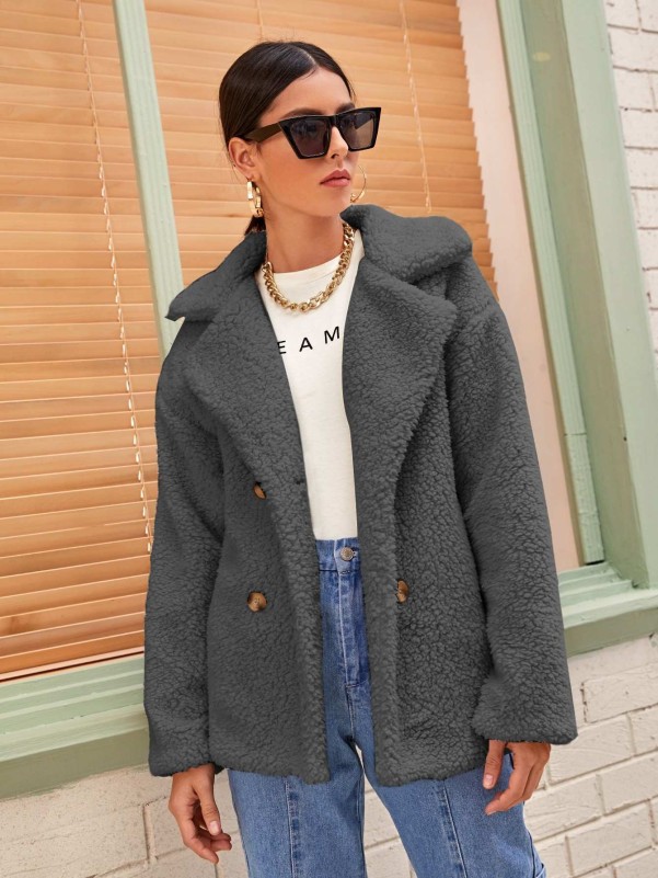 Solid Lapel Neck Double Breasted Teddy Coat