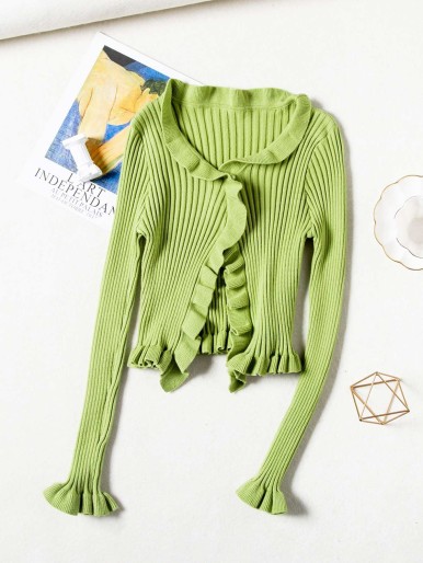 Solid Lettuce Trim Knit Cardigan