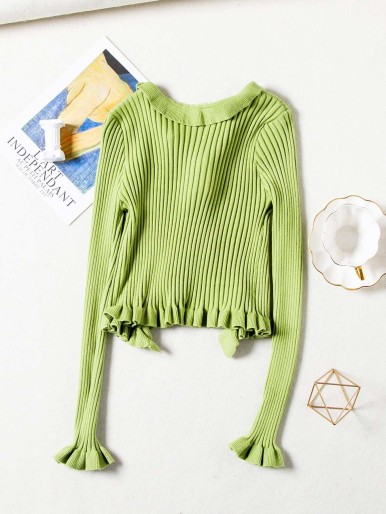 Solid Lettuce Trim Knit Cardigan