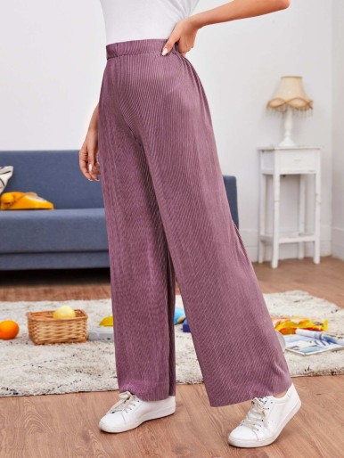 Solid Plicated Wide Leg Pants