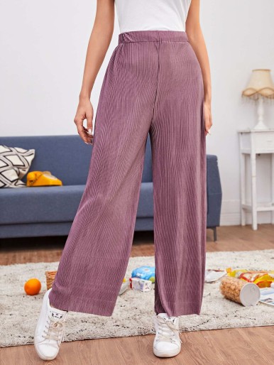 Solid Plicated Wide Leg Pants