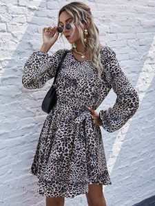 Leopard Print Bishop Sleeve Belted Dress