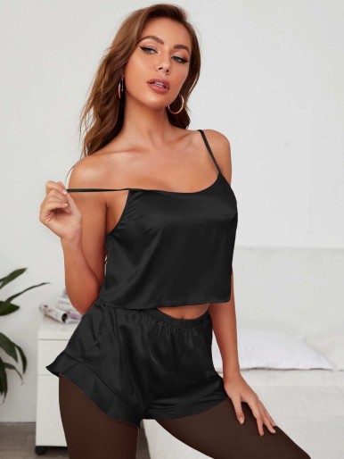 Solid Ruffle Hem Satin Cami PJ Set