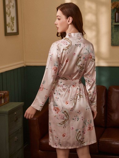 Satin Floral & Crane Print Belted Night Robe