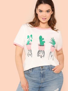 Plus Cactus & Girl Print Ringer Tee