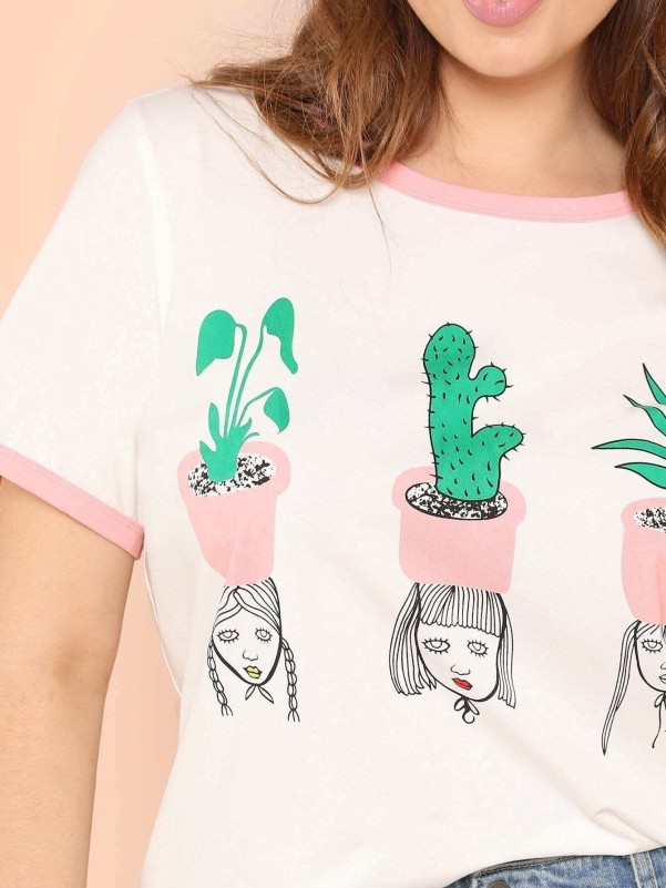 Plus Cactus & Girl Print Ringer Tee