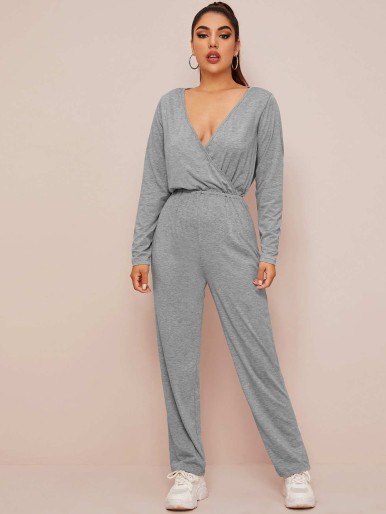 Solid Surplice Front Elastic Waist Jumpsuit