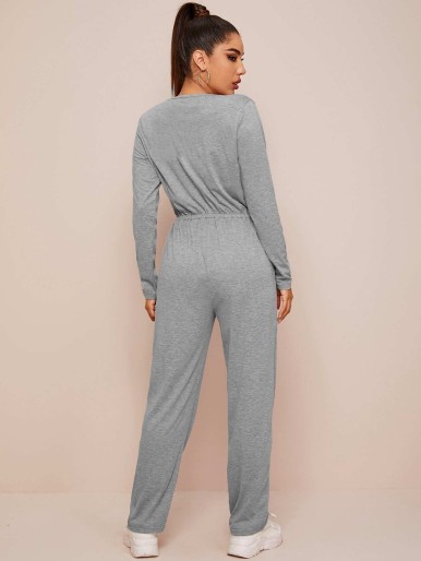 Solid Surplice Front Elastic Waist Jumpsuit