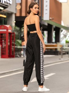 Solid Tube Top & Gingham Panel Zip Detail Joggers