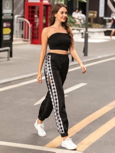 Solid Tube Top & Gingham Panel Zip Detail Joggers