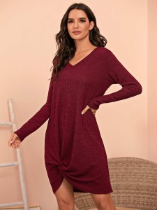 Solid Twist Front Ribbed Dress