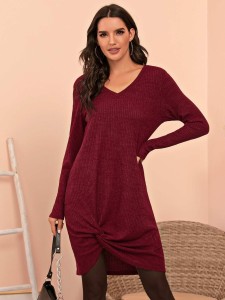 Solid Twist Front Ribbed Dress