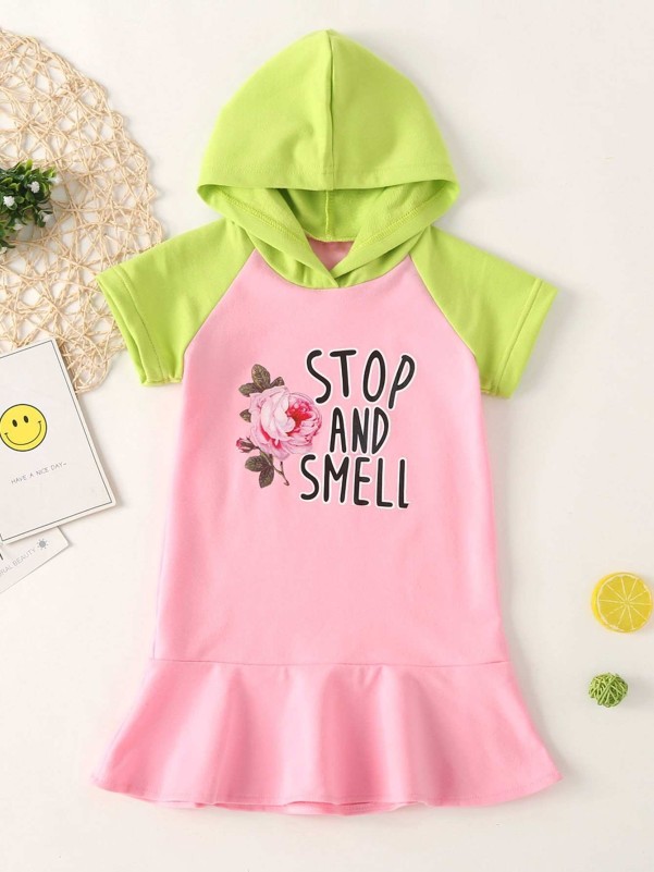 Toddler Girls Contrast Panel Floral Print Hooded Dress