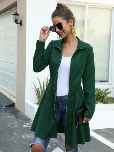 Solid Zip Up A-Line Coat