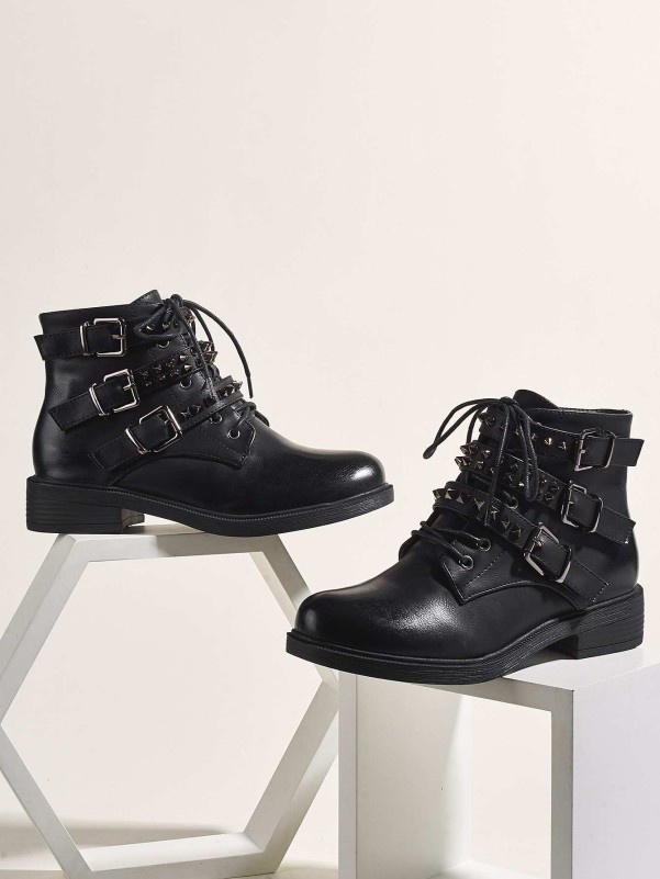 Spiked & Buckle Decor Combat Boots