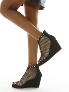 Spiked Decor Mesh Panel Wedge Heeled Boots